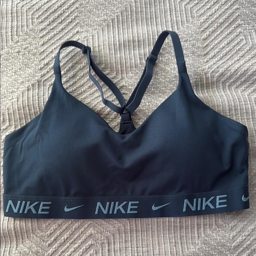 Nike Blue Sports Bra with Cross-Back Design and V-Neck Style